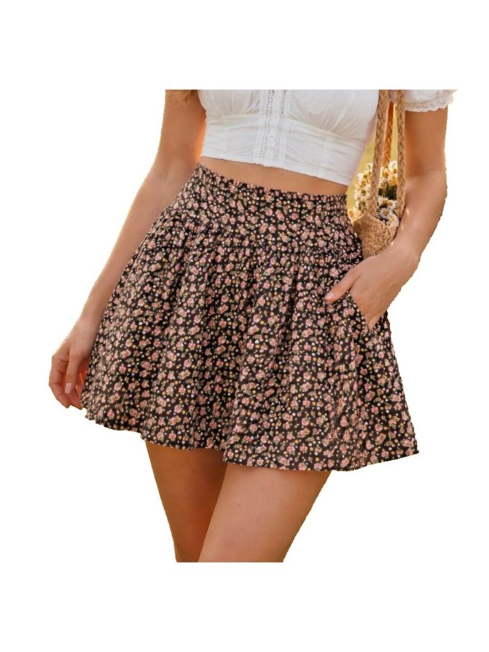 Cottagecore Floral Mini Skirt Brown Festival Smocked Waist Pockets M       I